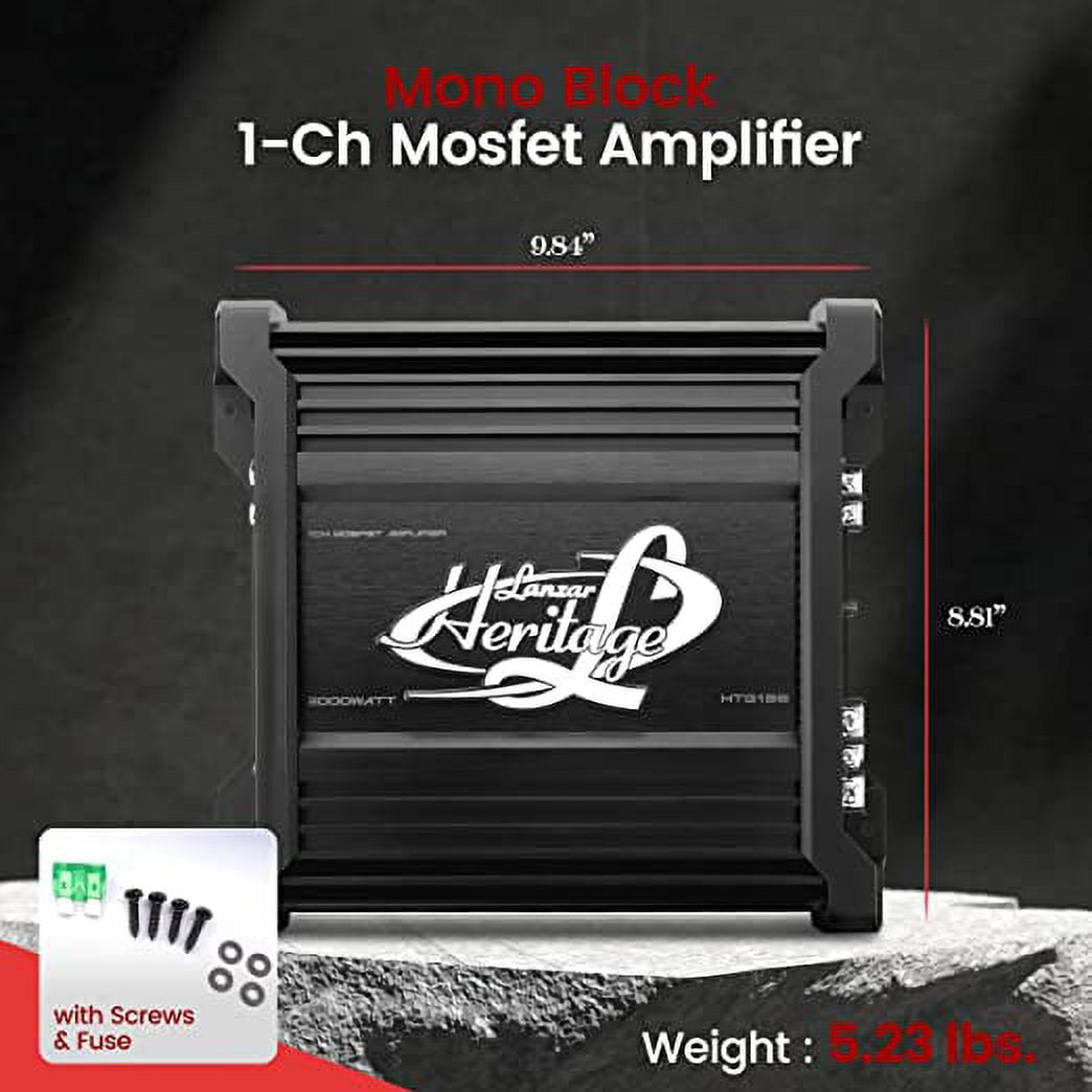 Mono-Block Mosfet Amplifier - 2 Ohm Stable, Heritage Series Amplifier,Low Pass Filter, Chrome RCA Inputs, Power Speaker Terminals, 5 Way Protections with Bass Boost Circuitry - HTG138
