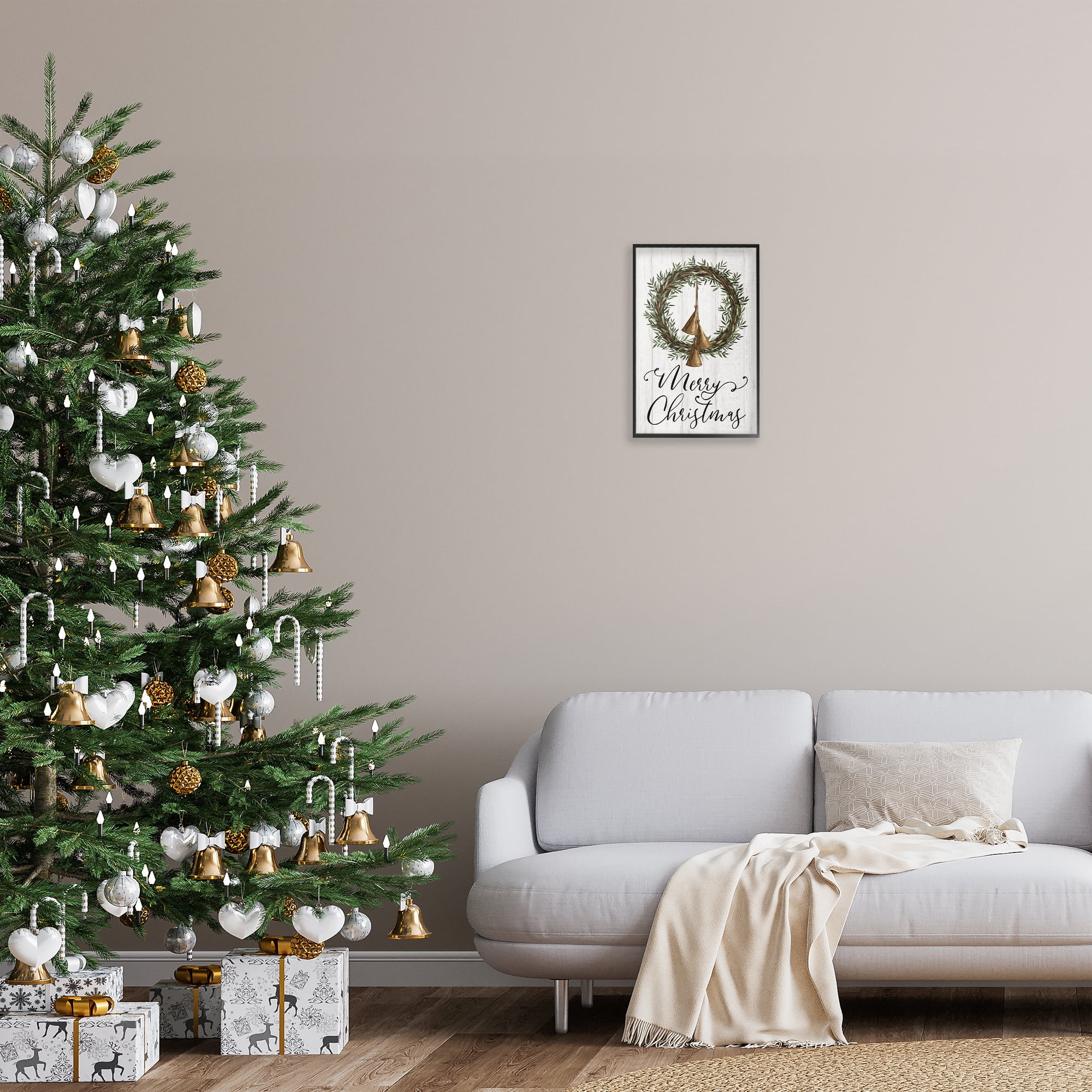 Stupell Industries Christmas Wreath & Bells Holiday Painting Black Framed Art Prints Wall Art, 12 x 18