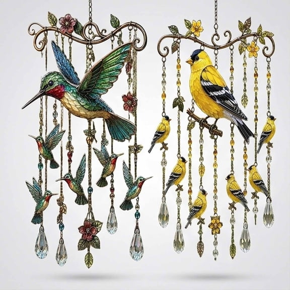 2PCS Graceful Hummingbird Wind Chime, Crystal Hummingbird Wind Chimes, Glass Decorative Outdoor Sun Catcher Hanging Decor for Garden, Patio, Balcony (Green Yellow)