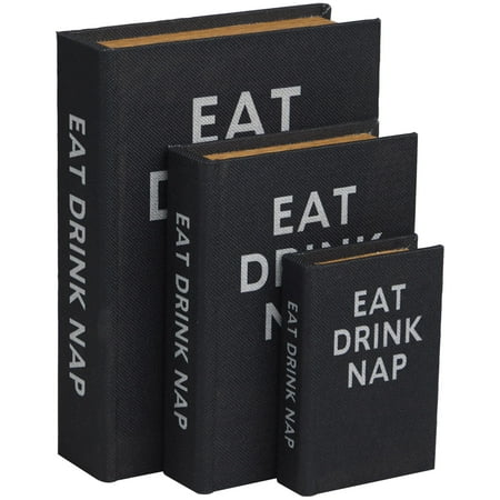 DecMode Storage Book Black Linen Fabric Decorative Box with Typography and Gold Page Inspired Detail 3 Count