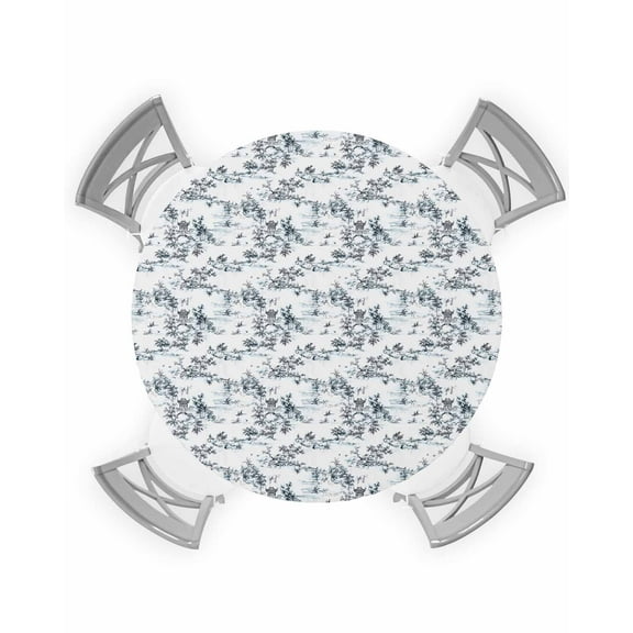 nqOlkjepod Chinese Round Tablecloth, Fitted Table Cover with Elastic for 36"-44" Round Tables, Retro Watercolor Small Bridges Plant Leaves Table Cloth Outdoor Dinning Party Waterproof Tablecloths