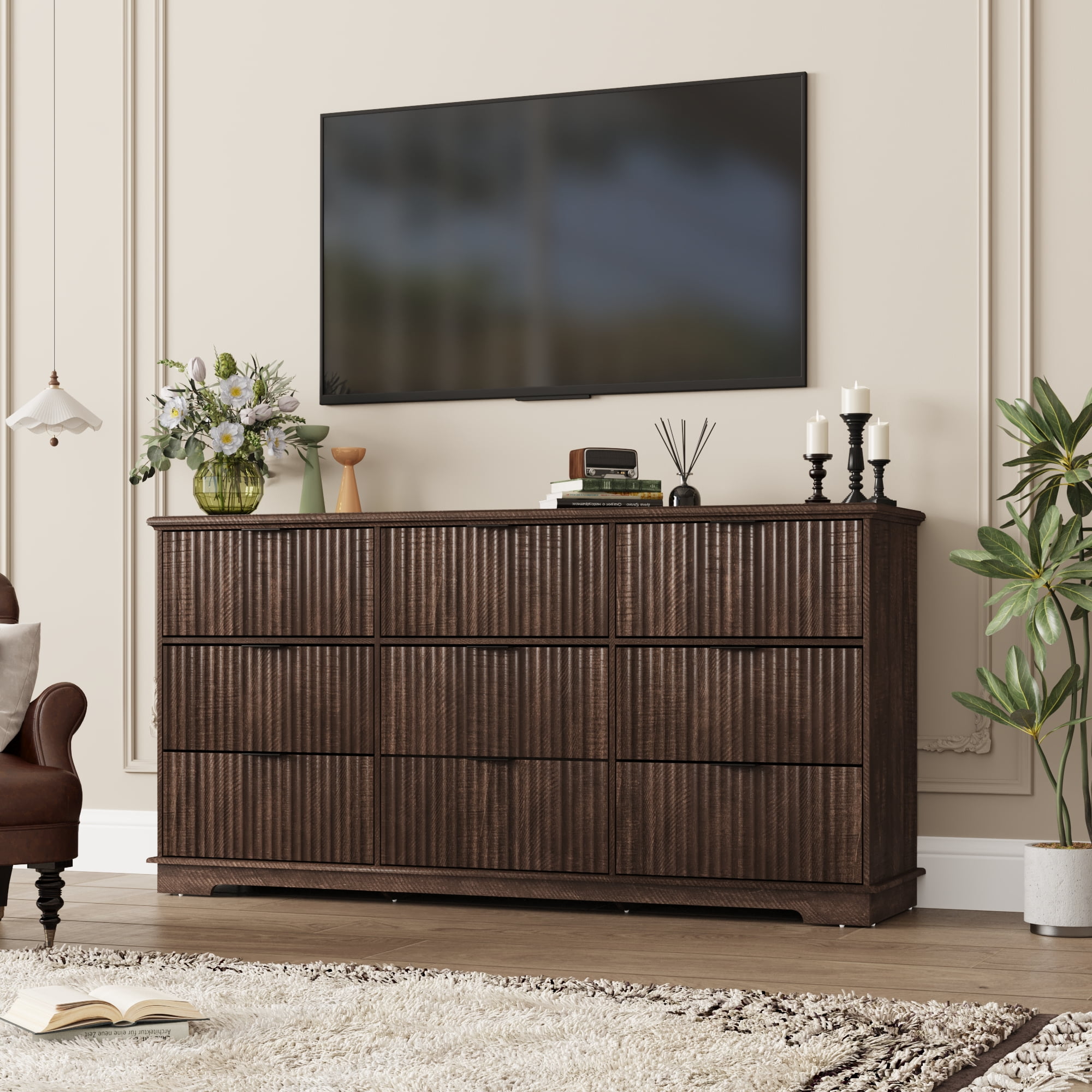 ChVans Farmhouse 9 Drawers Dresser with Power Outlets, 63'' Wide Wood Chest of Drawers w/Fluted Texture, Deep Drawer Dresser Storage Organizer for Bedroom, Living Room, Entryway, Hallway, Brown