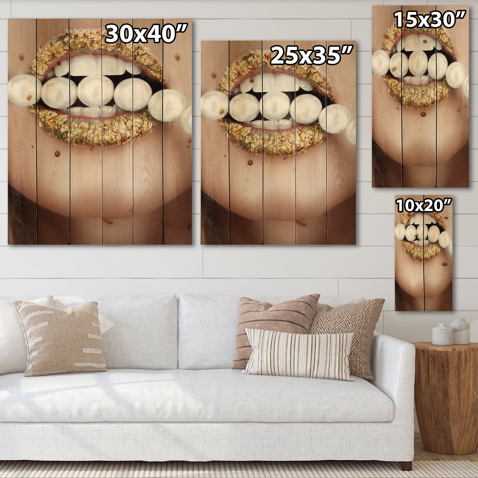 Designart 'Gold Leaf Lips Mouth With Pearls' Modern Print on Natural Pine Wood
