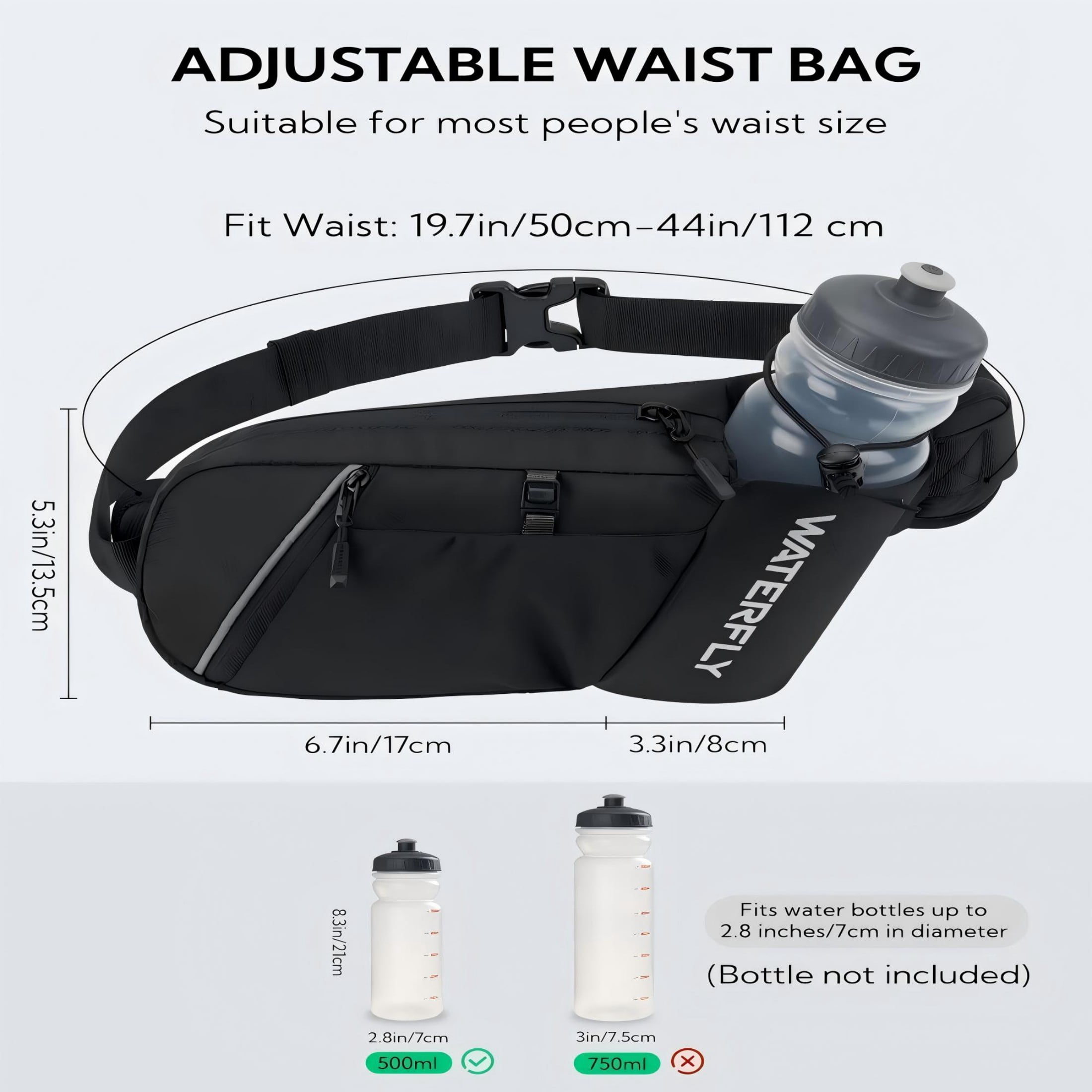 WATERFLY Unisex with Bottle Holder Running Walking Hiking Nylon Fanny Pack Waist Bag,Black