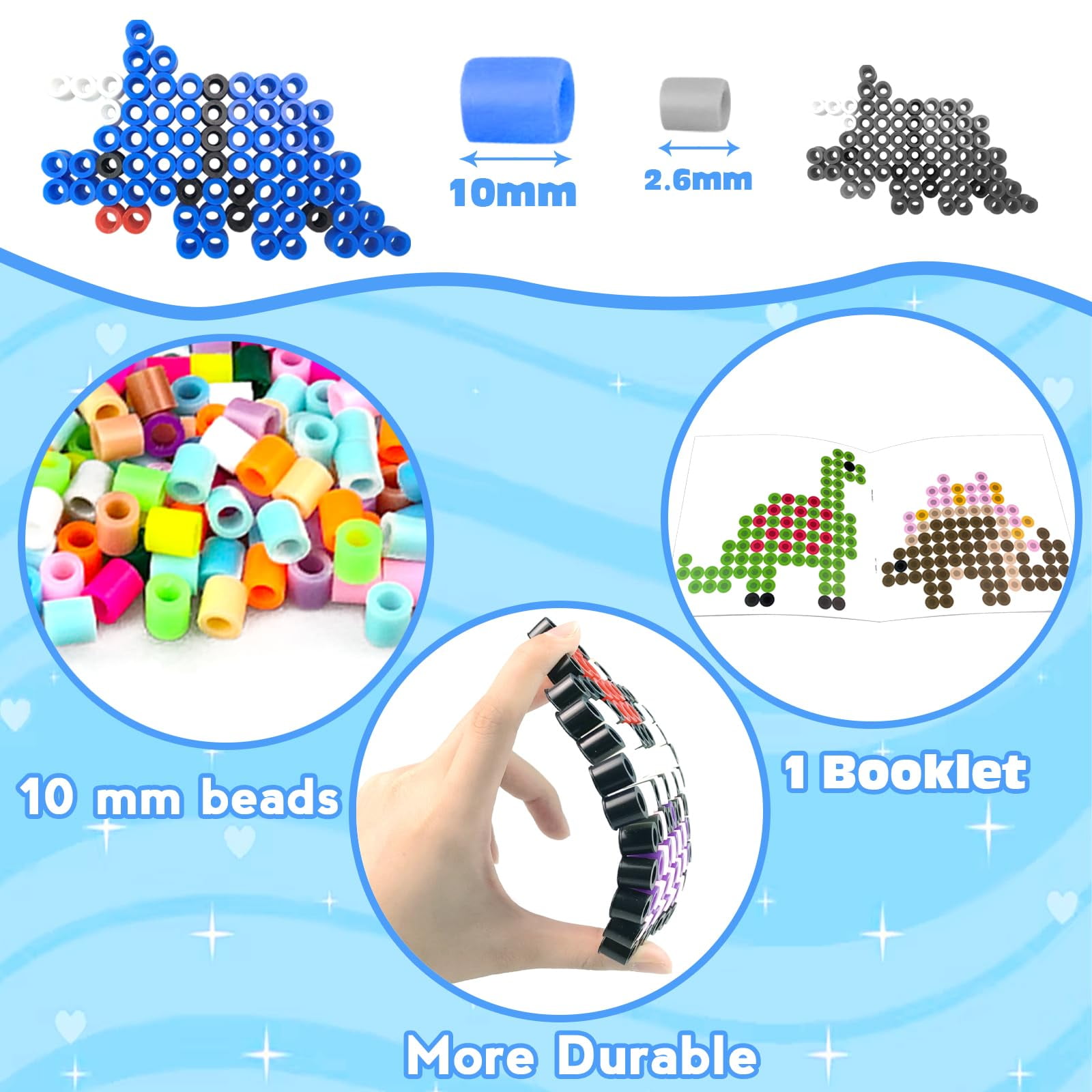 10mm Large Fuse Beads Kit– 12 Colors XL Set with Storage Box, Ironing Papers, Pegboards, Booklet, DIY Art Craft Gift for Girls & Boys Age 3+, for Birthday, Christmas, Available in Blue, Red, or White