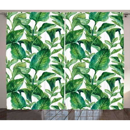 Hawaiian Living Room Leaf Curtains 2 Panels Set, Romantic Holiday Island Hawaiian Banana Trees Watercolored Image, Window Drapes for Living Room Bedroom, 108W X 84L Inches, Dark Green and Forest Green, by Ambesonne ()