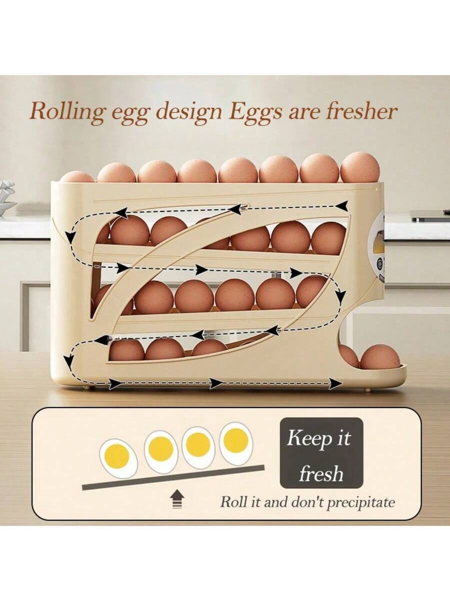Space-Saving 4-Tier Refrigerator Egg Organizer with Smooth Rolling Wheels, Holds Up to 28 Eggs, Durable Plastic Kitchen Storage Rack for Easy Access and Freshness