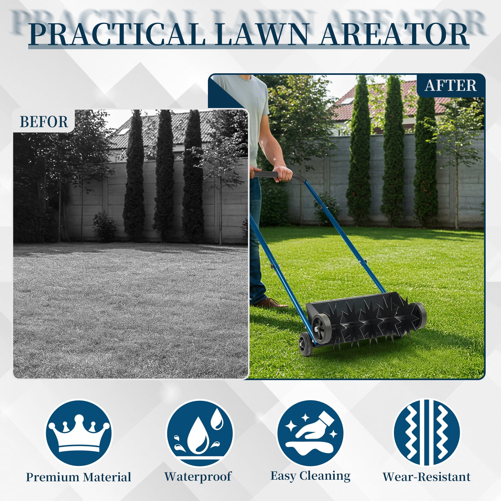 Zimtown 19in Heavy Duty Manual Lawn Aerator with U-Shaped Handle and Weight Tray for Lawn Garden Yard, Black Blue
