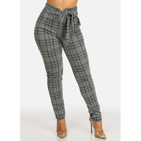 Casual Evening Office Work Wear Womens Juniors High Rise Houndstooth Print Stretchy Gray Skinny Pants