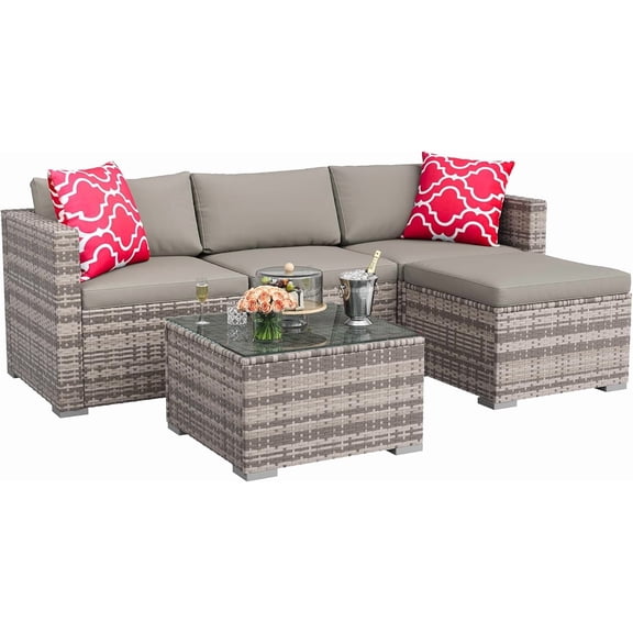 5-Piece All-Weather Patio Furniture Set, Convertible Outdoor Sectional Sofa with Ottoman & Tempered Glass Table, PE Rattan Conversation Set for Garden, Backyard, Porch, Poolside