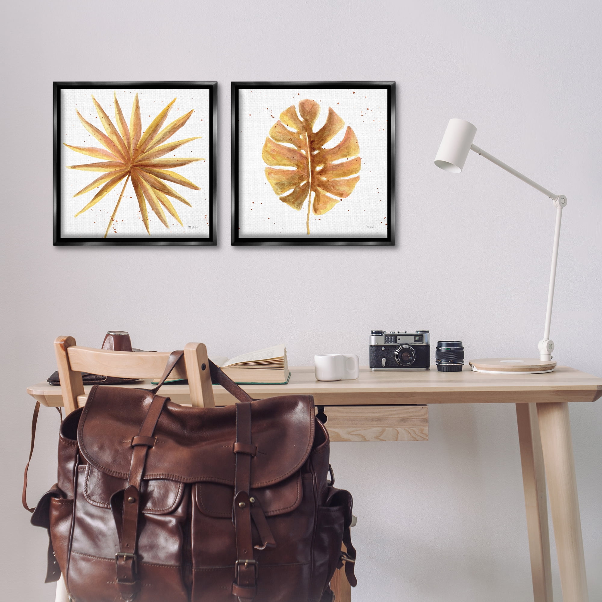 Stupell Industries Golden Palm Monstera Leaves Plants & Flowers Painting Black Floater Framed Canvas Art Print Wall Art, 18 x 18, Set of 2