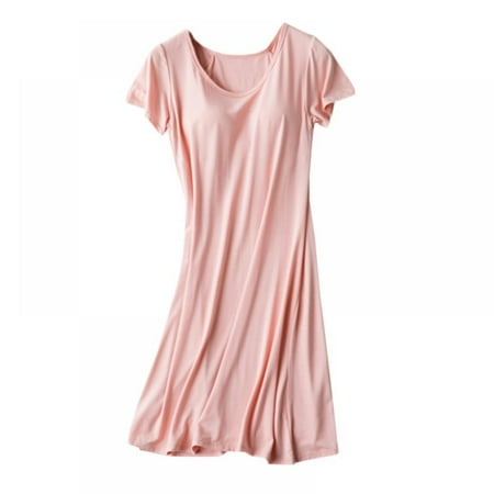 

Women s Vest Mid-long Pajamas Short Sleeve Nightdress with Chest Pad without Rims
