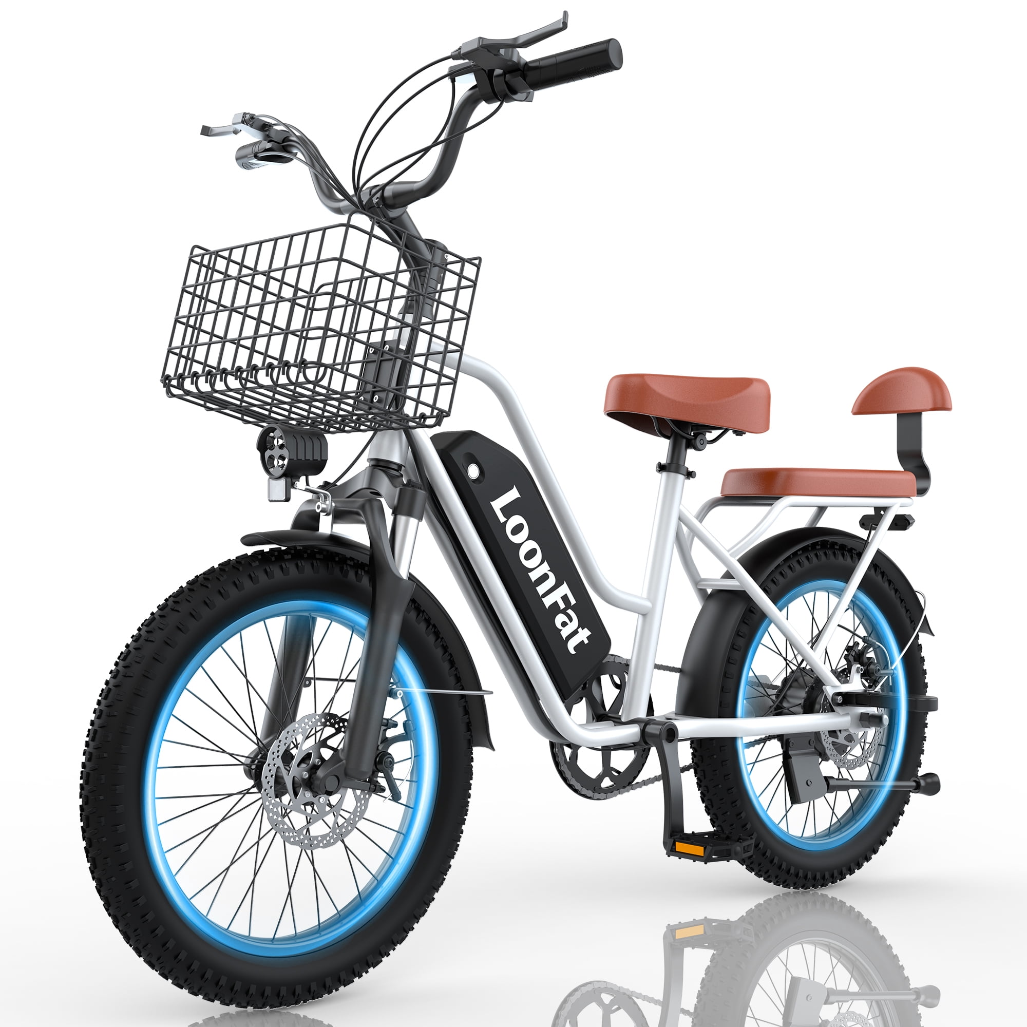 Loonfat T20 Adult E-Bike - 1000W Peak Motor, 20-inch Wide Tires, 30-mile Range, Urban Commuter, Mechanical Brakes, Removable Basket