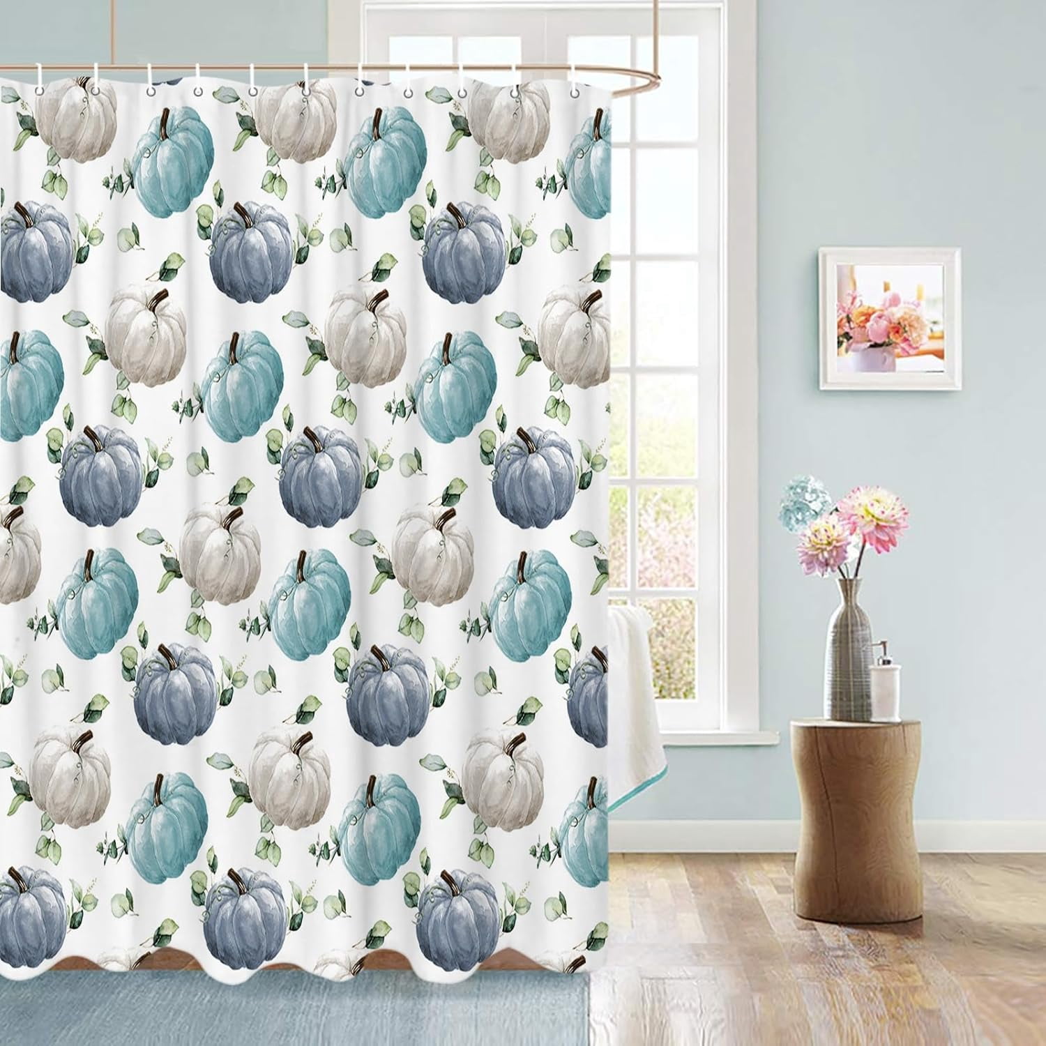 Fall Shower Curtain Watercolor Pumpkin Blue White Shower Curtains for Bathroom Green Eucalyptus Leaves Bath Curtains Sets for Autumn Thanksgiving Seasonal Bathroom Decor Fabric Waterproof 72 x 72 in