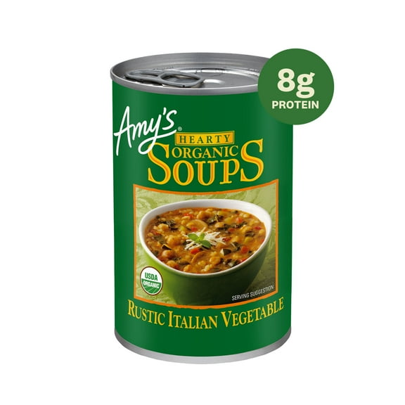 Amy’s Soup, Plant-Based Organic Hearty Rustic Italian Vegetable Soup, Gluten Free, Made With Organic Garbanzo Beans and Vegetables, Canned Soup, 14 Oz