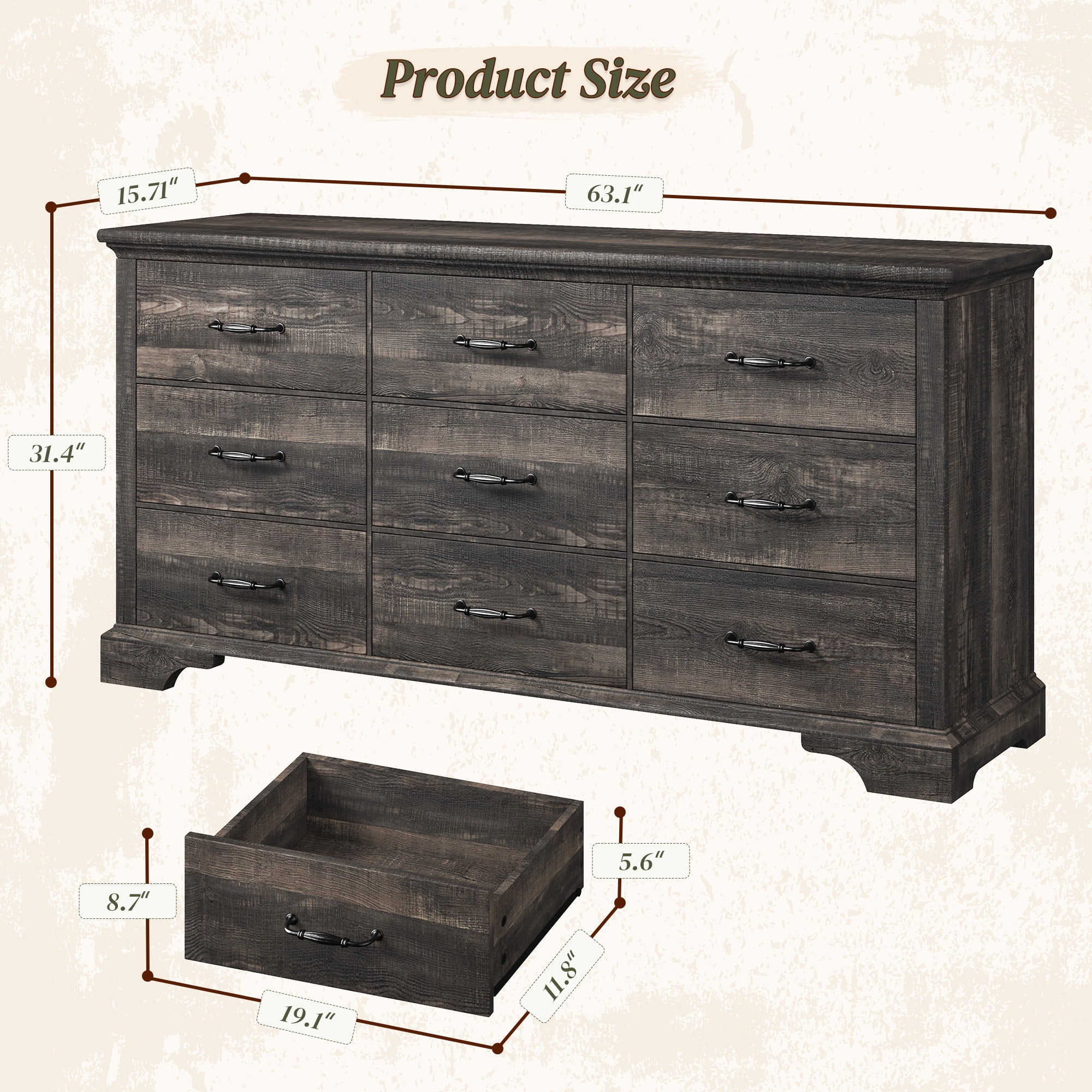 9 Drawers Dresser, 63"L Farmhouse Dressers for Bedroom & Chest of Drawers, Solid Wood TV Stand with Large Metal Handle,Dark Rustic Oak