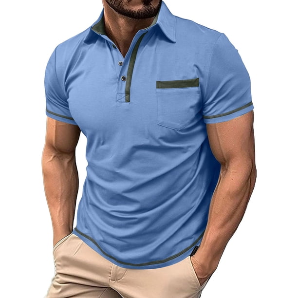 Blusa y camisa de manga corta con cuello vuelto para hombre, color liso, con solapa, botón y bolsillo, informal, a la moda, blusa para hombre