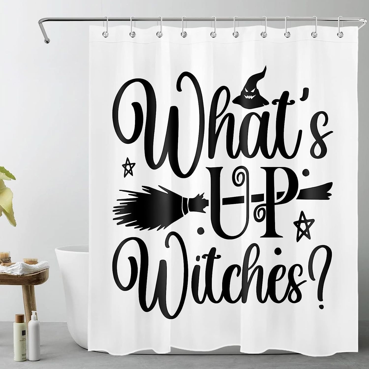 SPXUBZ Halloween Witch Shower Curtain Magic Broom What's UP Witches