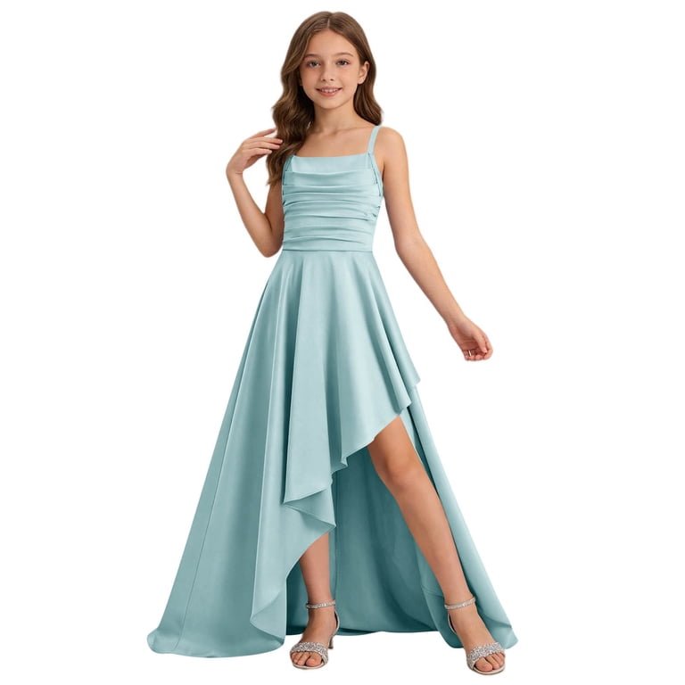 high low junior bridesmaid dresses Jinhomg Girls Spaghetti Strap Junior Bridesmaid Dresses Silk Satin High Low Flower Girl Dress Pleated Fashion Slim Draped Formal Dresses for Teen