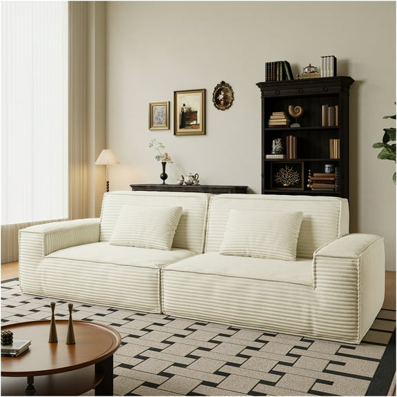 JERFIT Modern 3-Seater Striped Sofa Couch for Living Room, Plush Comfort Foam, No Assembly Required, Beige