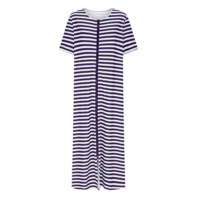 HUJlwoi Chemise de Nuit Imprimée pour Femmes Rayée Longue Robe de Bain Zippée Robe Décontractée Chemise de Nuit Manches 3/4 avec Poches