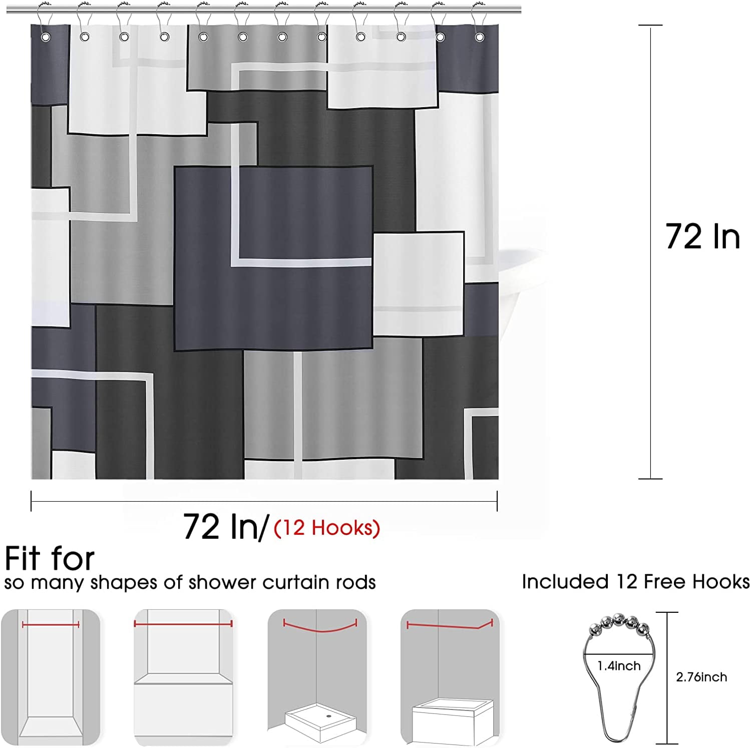 Gray Shower Curtain Set Grey Shower Curtain for Bathroom Slub Fabric Modern Gray Shower Curtain Geometric Bath Curtains Decorative Gray Shower Curtain Set with Hooks Water Repellent, 72x72, Dark Grey
