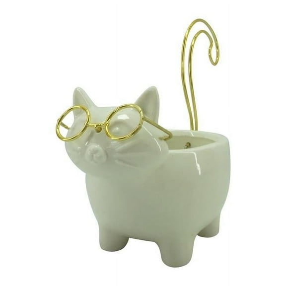 6 in. Cer Kitty Trinket Dish, White & Gold