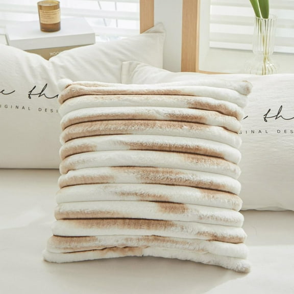 Nvzi Faux Fur Plush Throw Pillow Covers Set of 2, Luxury Fuzzy Striped Soft Pillowcases with Velvetback, Square Gradient Decorative Cushion Cover for Sofa Couch Bedroom (Khaki,18"x18")