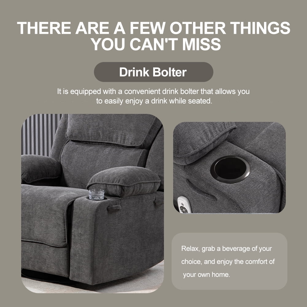 BRTHORY Swivel Rocker Recliner Chair with Heat and Massage, Upholstered Comfy Soft Fabric Recliner Chair for Home Theater, Dark Gray