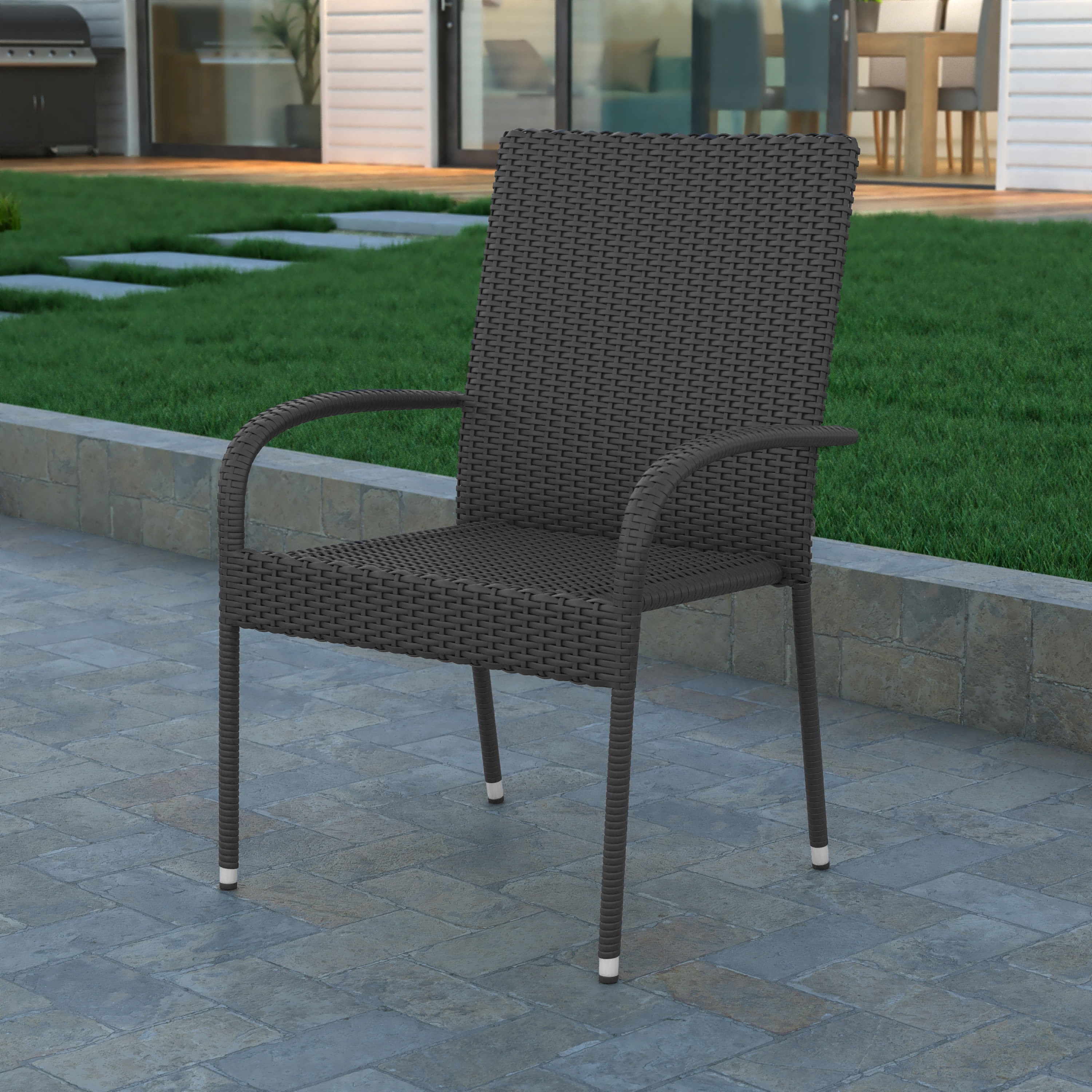 Emma + Oliver Stacking All-Weather Gray Wicker Wrapped Powder Coated Steel Patio Club Chair for Indoor and Outdoor Use - Set of 2