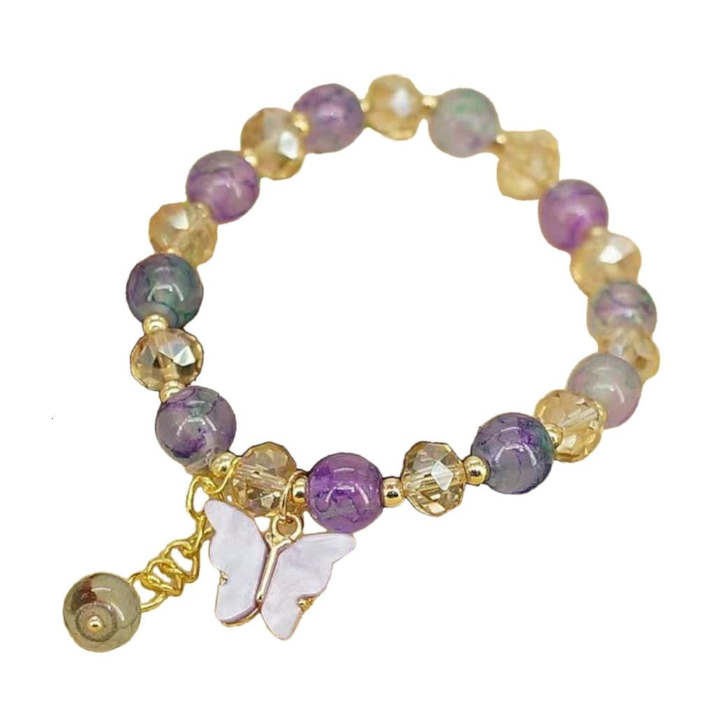lanema Imitation Jades Beaded Bracelet Elastic Rope Butterfly Charm Handchain Jewelry Trendy Wristwear for Stylish Women