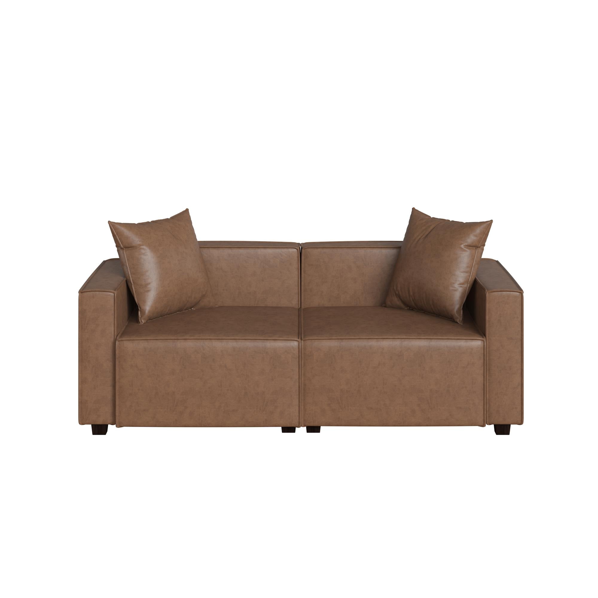 Mainstays Wynnewood 75" Low Profile Faux Leather Sofa Couch with 2 Throw Cushions, Brown