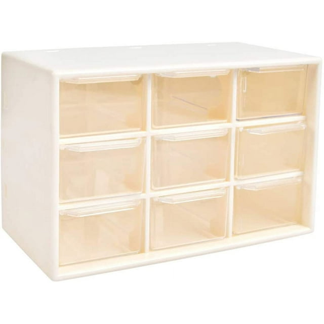 Caja de almacenamiento con 9 compartimentos para guardar piezas pequeñas, tornillos, herramientas de bricolaje, organizador blanco de 3 niveles con cajones transparentes