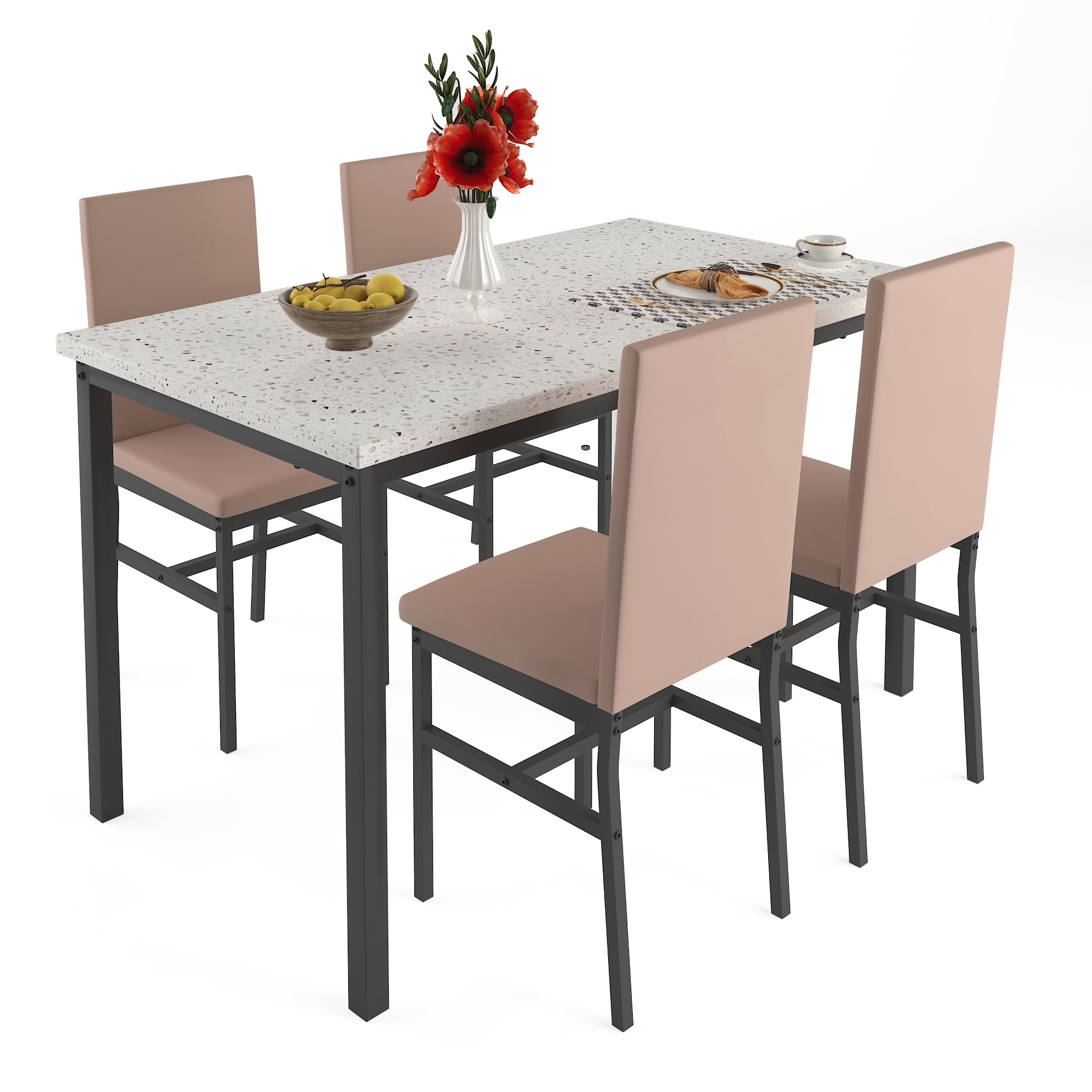 5 Piece Dining Set, Modern Dining Table and Chairs Set for 4, Kitchen Counter Height Dining Table Set with 4 Upholstered Chairs, for Small Space, Breakfast Nook, D9265