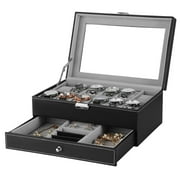 2-Tiers Watch Box Jewelry Display Drawer Glass Top Lockable Leather 12 Grids Black - SortWise