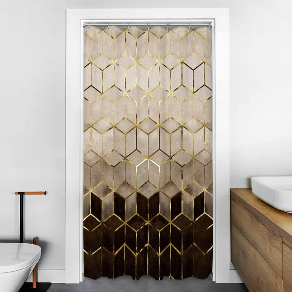 Small Stall Single Shower Curtain 36Wx72H Inch Abstract Marble Half Shower Curtain for Bathroom Narrow Ombre Brown Bath Curtain RV Geometric Grid Cubic Lines Home Decor with 7 Pack Hooks