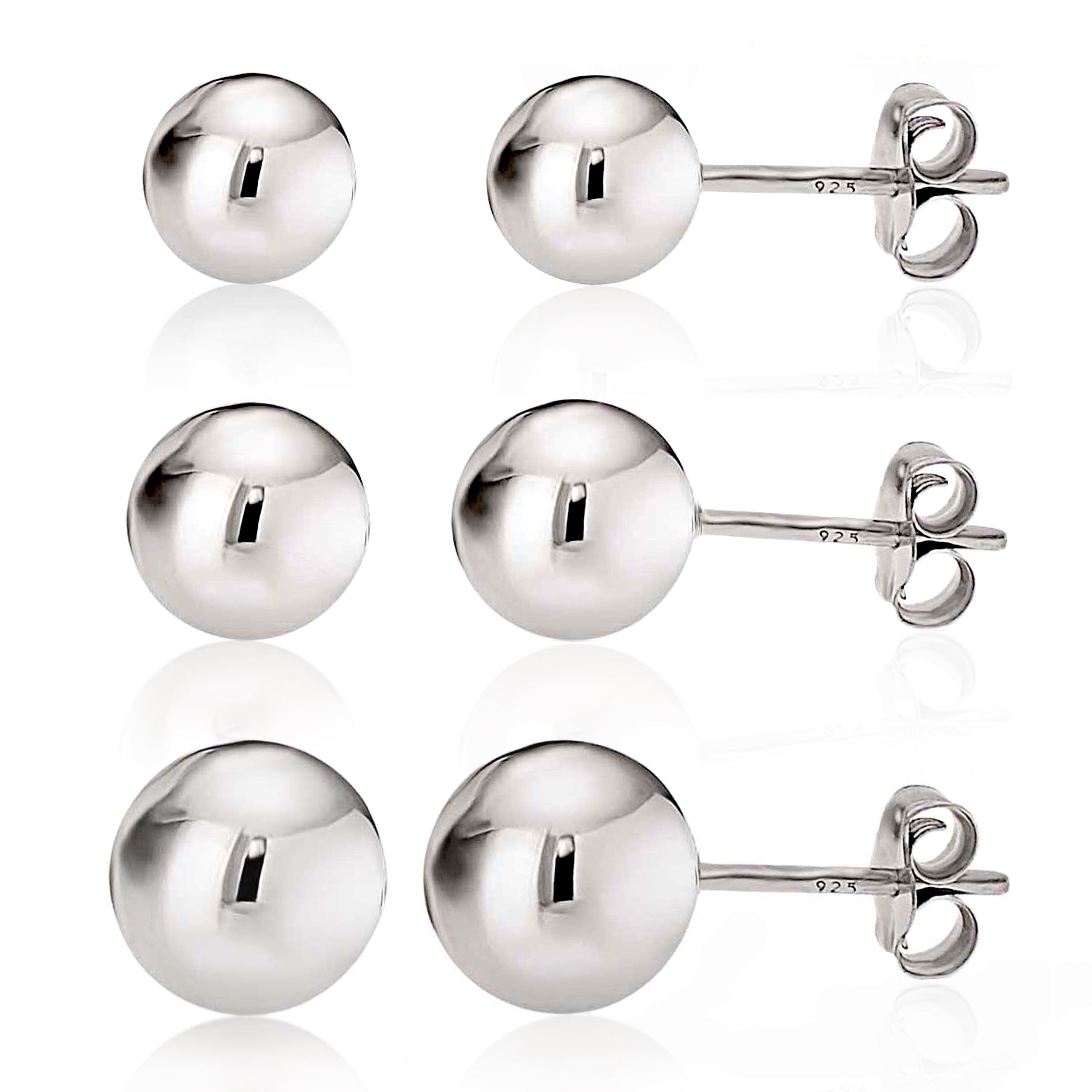 925 Sterling Silver High Polish Smooth Round Ball Stud Earring 3-Size Set - 6mm, 7mm, 8mm