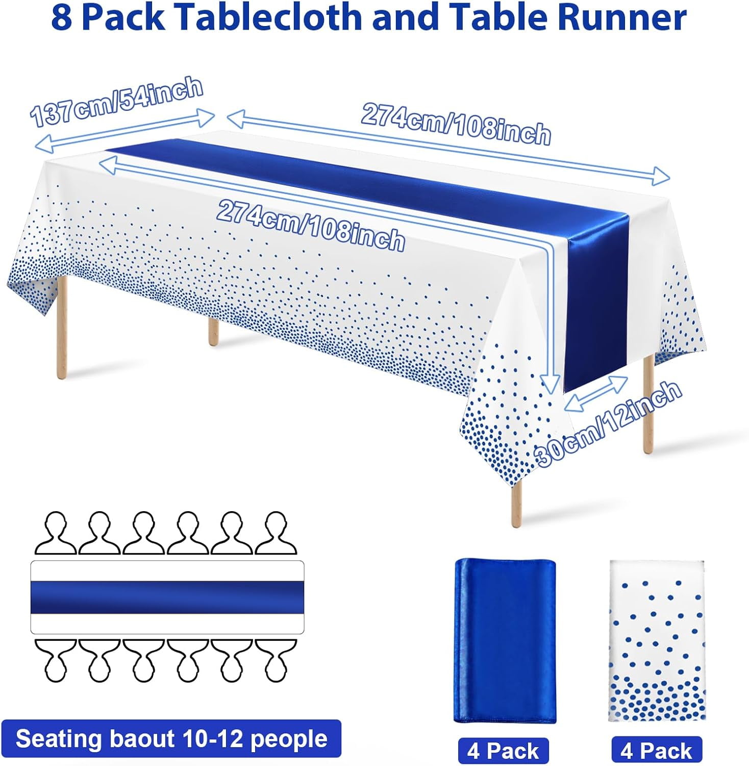 8Pack Disposable Plastic Tablecloths and Satin Table Runner White and Royal Blue Dot Tablecloth Blue Satin Table Runner for Wedding Birthday Baby Shower Anniversary Christmas New Year Party Supplies