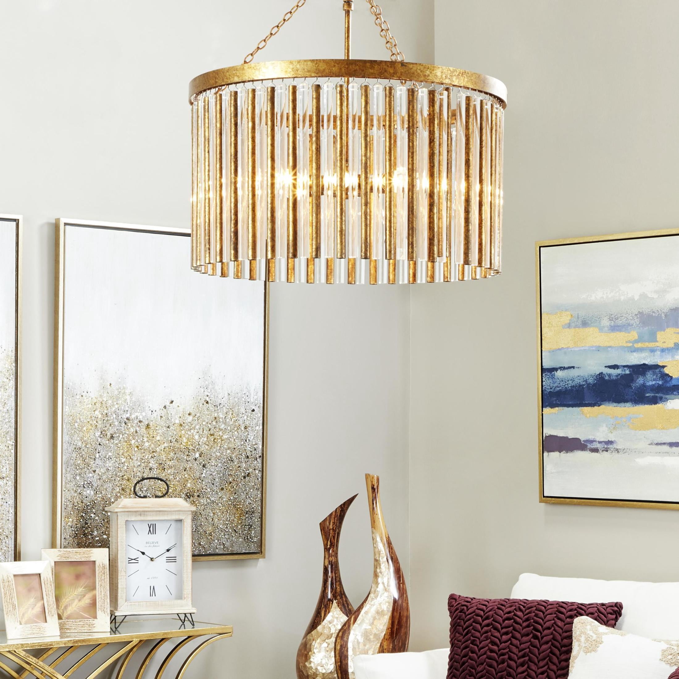 DecMode 22" x 25" Brass Metal Crystal Rod Embellished 6 Light Chandelier with Link Style Chain, 1-Piece