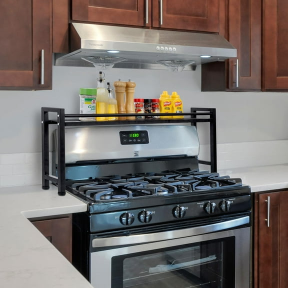 33 Inch Over The Stove Spice Shelf, Industrial Black Metal Storage Organizer for Kitchen Countertop