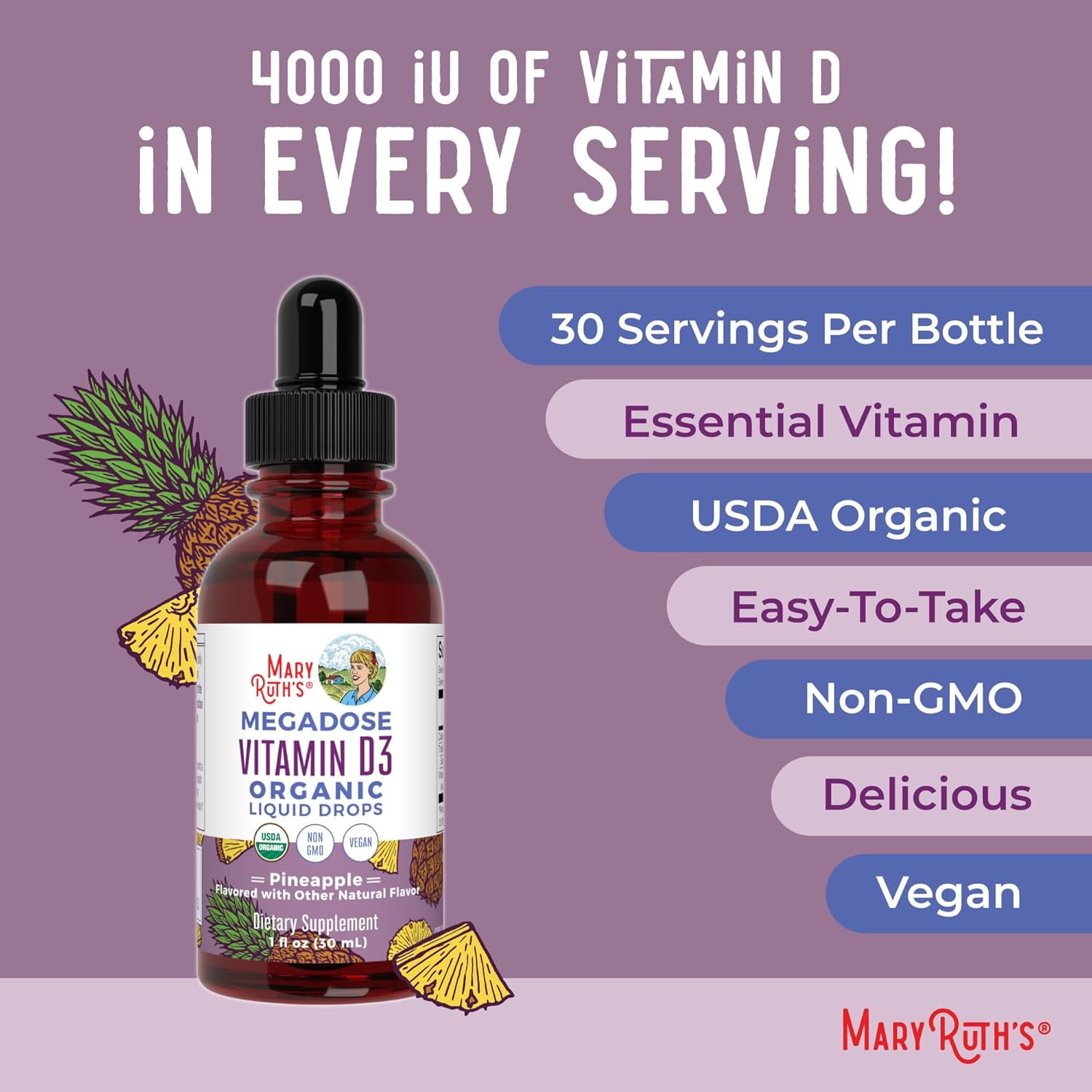 MaryRuth's Megadose Vitamin D3 Liquid Drops, USDA Organic, Vegan, 100 Mcg for Immunity Bone and Muscle Support, Unisex, 1 Count, 1 fl oz