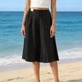 thumbnail image 2 of Women's Linen Capri Pants Flowy Wide Leg Drawstring Culottes Summer Pleated Loose Elastic Waist Pants with Pockets, S, 2 of 9