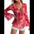 thumbnail image 1 of Camiseta de Larga con Estampado Floral y Lazo Frontal de para Mujer Rojo XL, 1 of 8