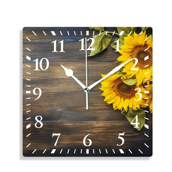 14 Inch Wall Clock Battery Operated Silent Clock Decorative for Office, Kitchen, Outdoor, Living Room，Bouquet of Sunflowers on a Dark Wooden Beautiful