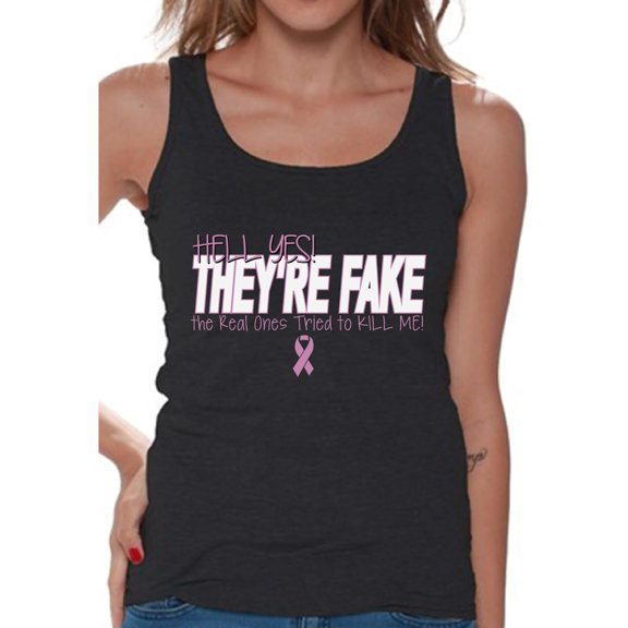 Awkward Styles Women's Hell Yes They're Fake Graphic Tank Tops Pink Ribbon Breast Cancer Awareness