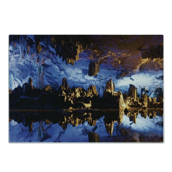 Landscape Cutting Board, Geographic Formations in a Mysterious Cave with Reflections on Water Photo, Decorative Tempered Glass Cutting and Serving Board, in 3 Sizes, by Ambesonne