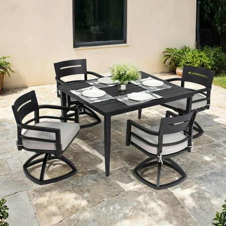150-180 Char: 5-Pc Ember Black Aluminum Patio Dining Set w/ 4 Swivel Rockers & Sunbrella Cushions, 40" Square Table for Outdoor Entertaining. Rust Resistant, Modern Style.