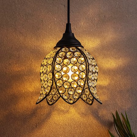 Hanging Crystal Lotus, Pendant Light | Chandelier, Jhumar Lighting, Chandelier for Living Room, Black, Metal