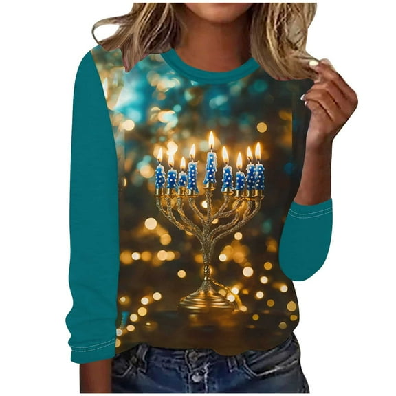 Cavosen Hanukkah Womens Fleece Pullover Chanukah Jewish Candles UglySweatshirt Crew Neck Long Sleeve Stretch Hebrew Gifts Humor Tee Tops