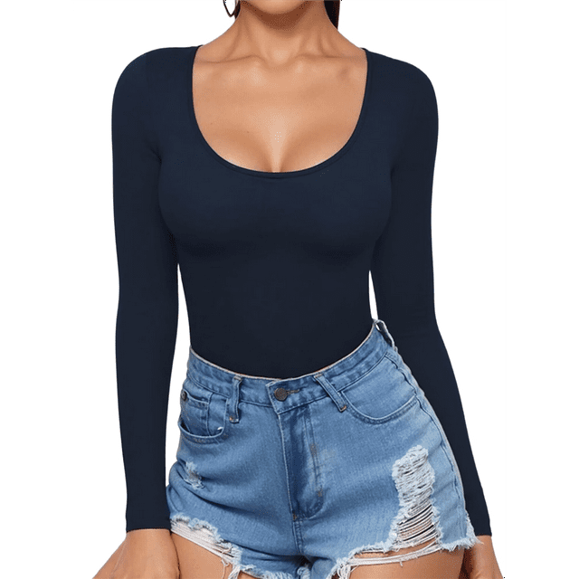 T-shirt Tunique Ajusté à Manches Longues à Encolure Dégagée pour Femmes Tee Bleu Foncé m